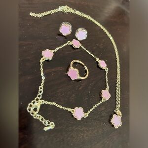 Lucky 5-leaf clover pink flower earrings, necklace, bracelet and ring set